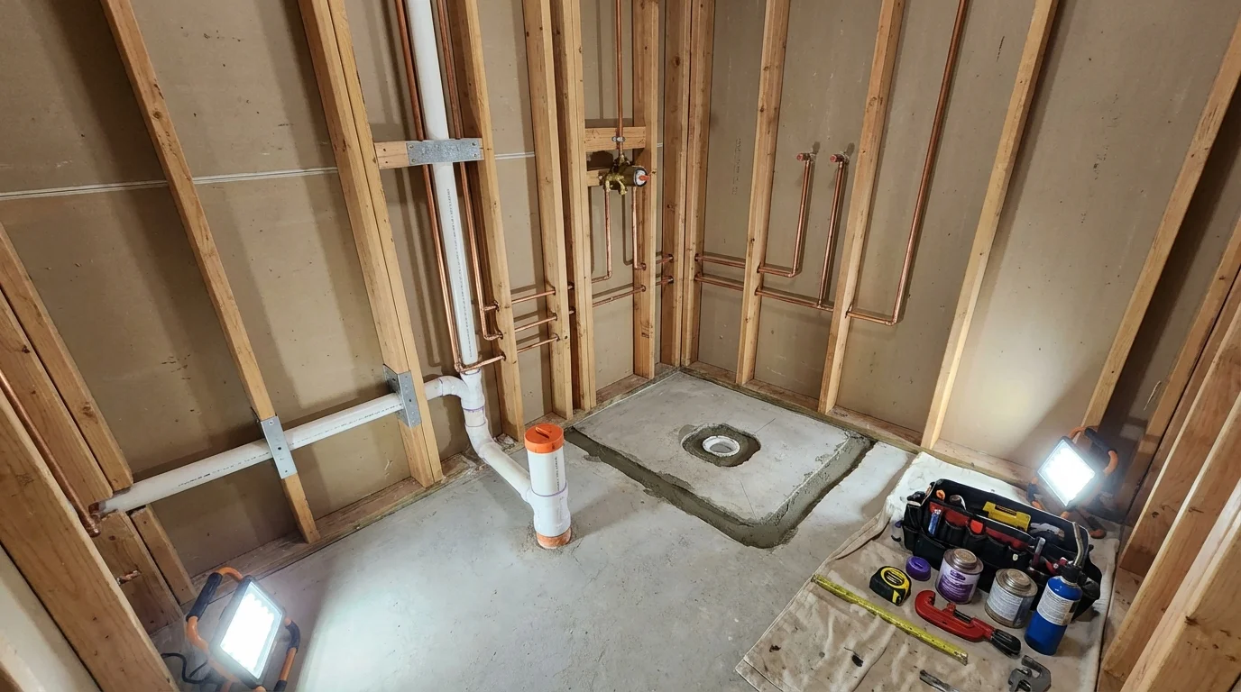 Bathroom rough-in plumbing during remodel by Johns Plumbing LLC in Prairie View