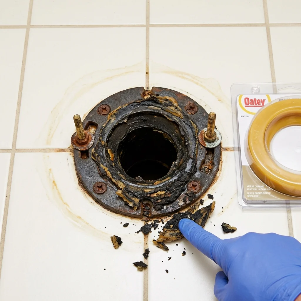 Failed wax ring showing water seepage at the base of a toilet in a Prairie View, TX home