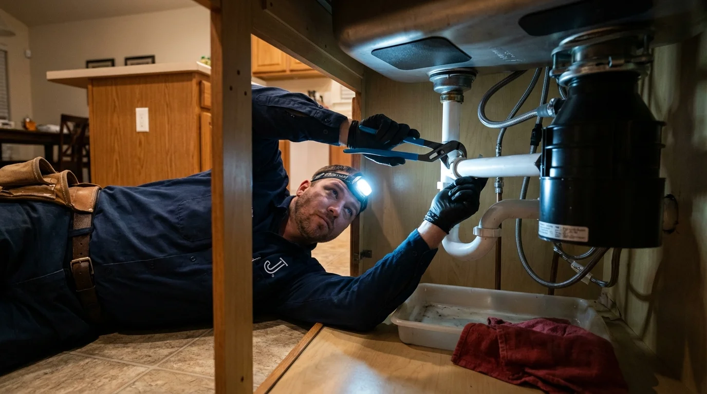 P-trap and supply line connections under a kitchen sink showing a common leak point in Prairie View, TX